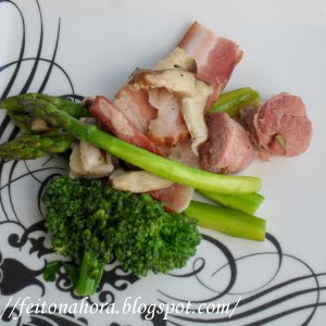 Aspargos, Brócolis e Shitake com bacon