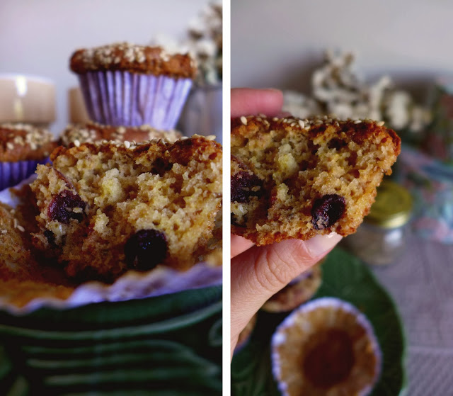 Muffins integrais com arandos e sementes/ Whole wheat, cranberries and seeds muffins